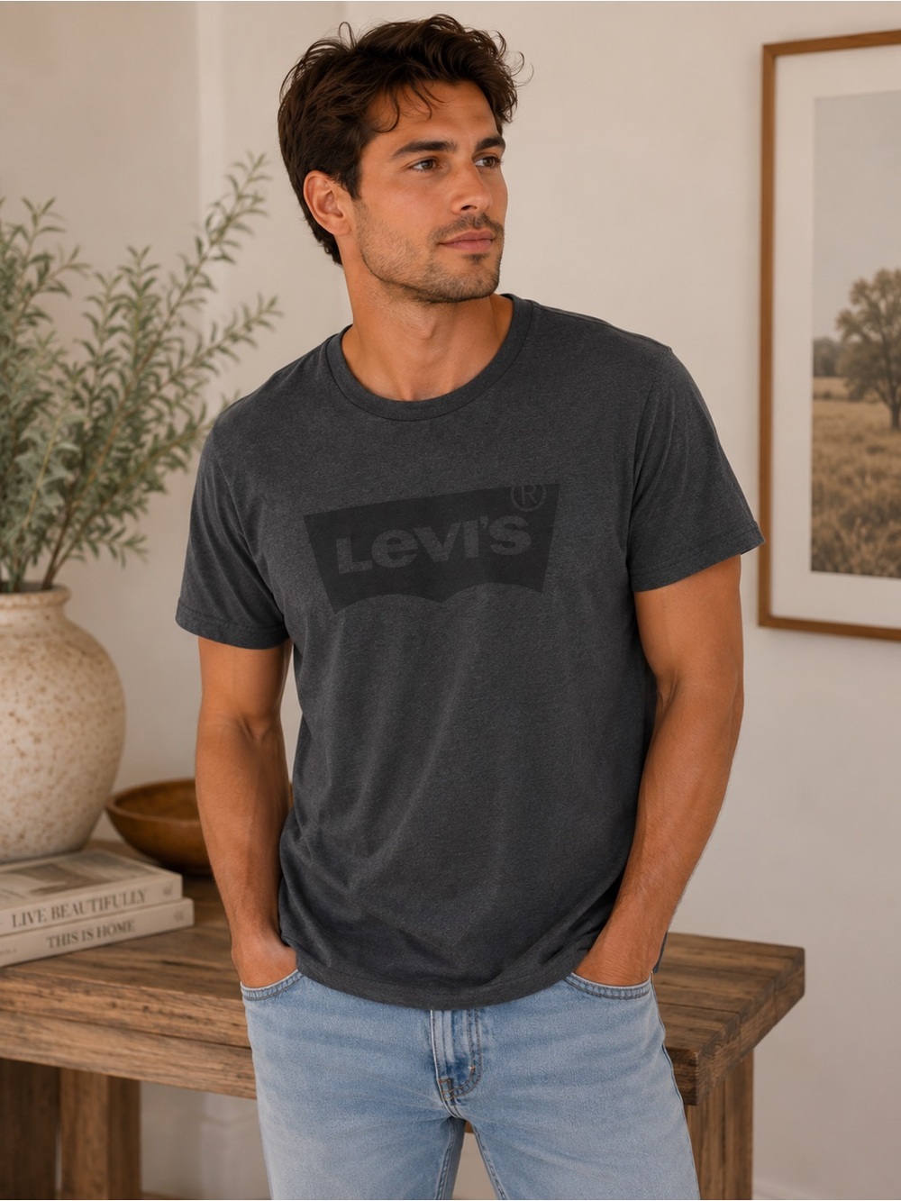 Levi's Men's Dark Charcoal Gray Crewneck Logo Tee Size Large